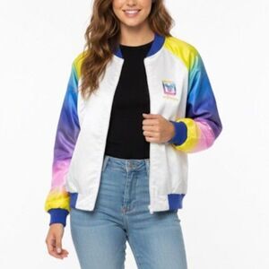 Disney World NWT White Rainbow Tie-Dye Satin Windbreaker Bomber Jacket Size XL
